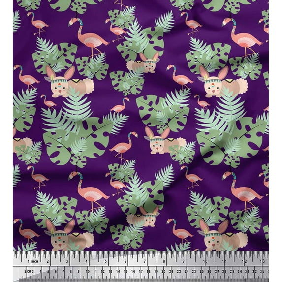 Soimoi Purple Cotton Duck Fabric Bunny Rabbit & Flamingo Bird Print Sewing Fabric Yard 44 Inch Wide