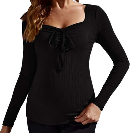 breaise Maternity Shirt for Women Long Sleeve Lace Up Blouse Lightweight Square Neck Nursing Tshirt