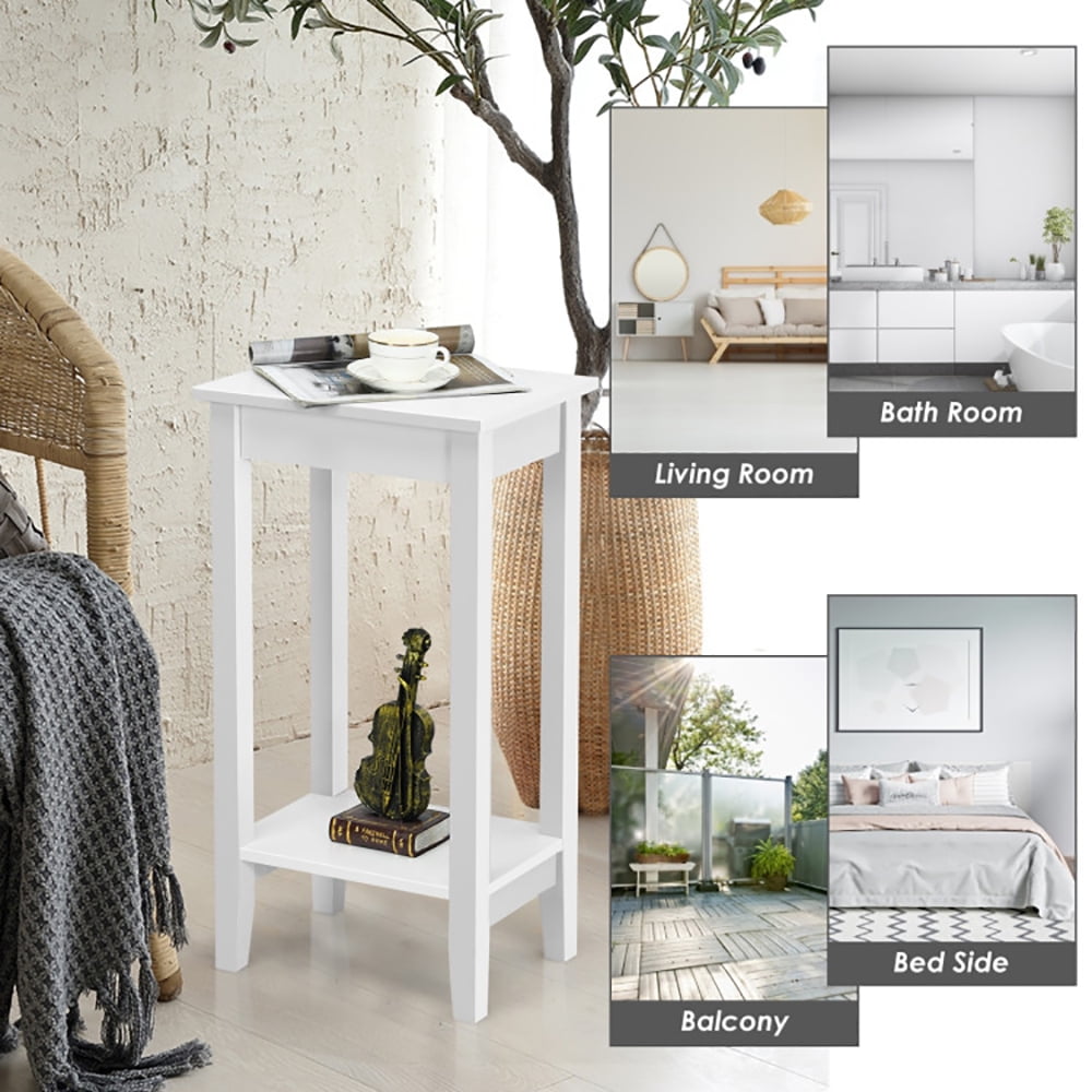 Finihen End Side Table, Bed and Sofa Side Table, 2-Tier Nightstand End Side Wooden Legs Table, for Living Room, Bedroom, White