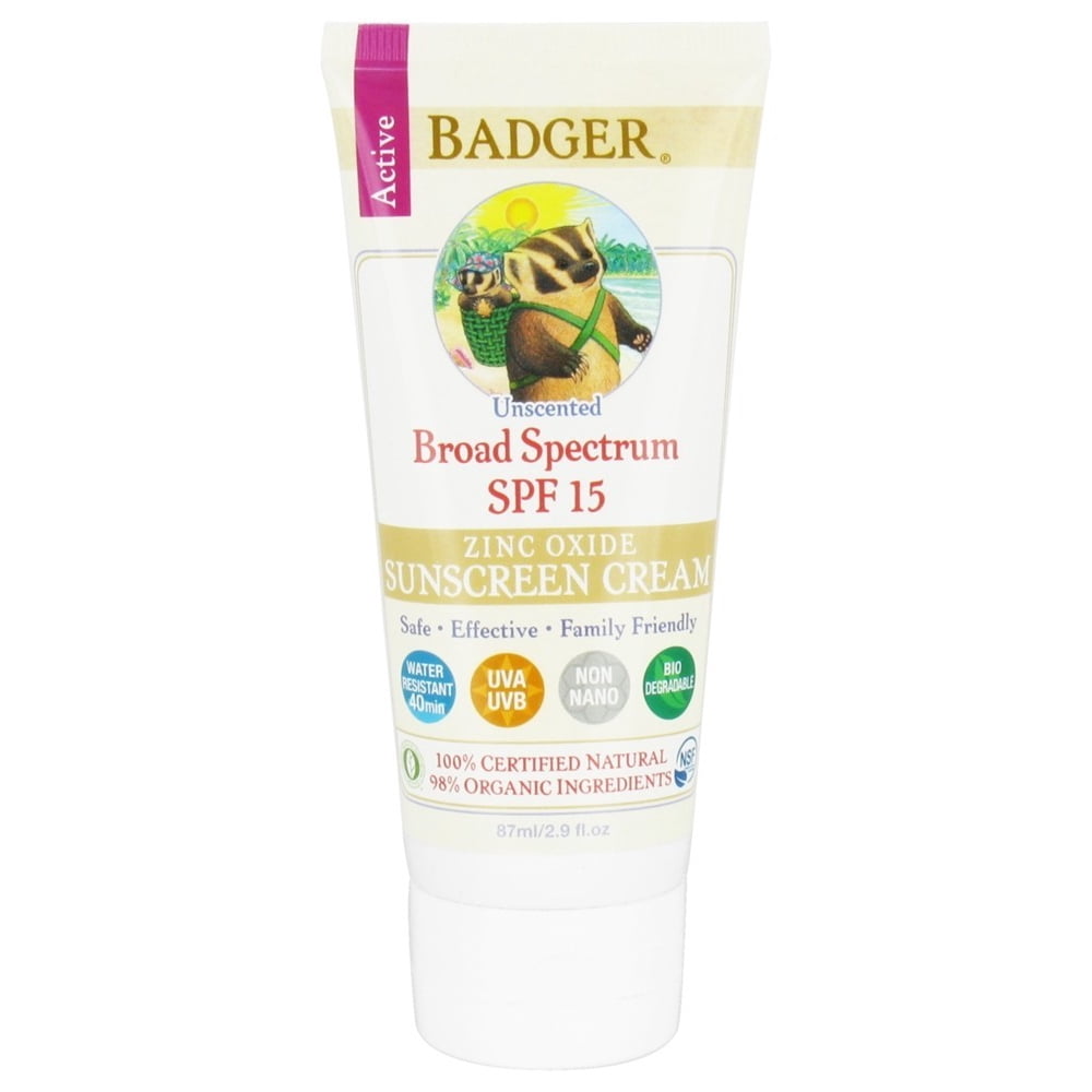 Badger Balm Zinc Oxide Sunscreen Cream SPF 15, 2.9 Fl Oz
