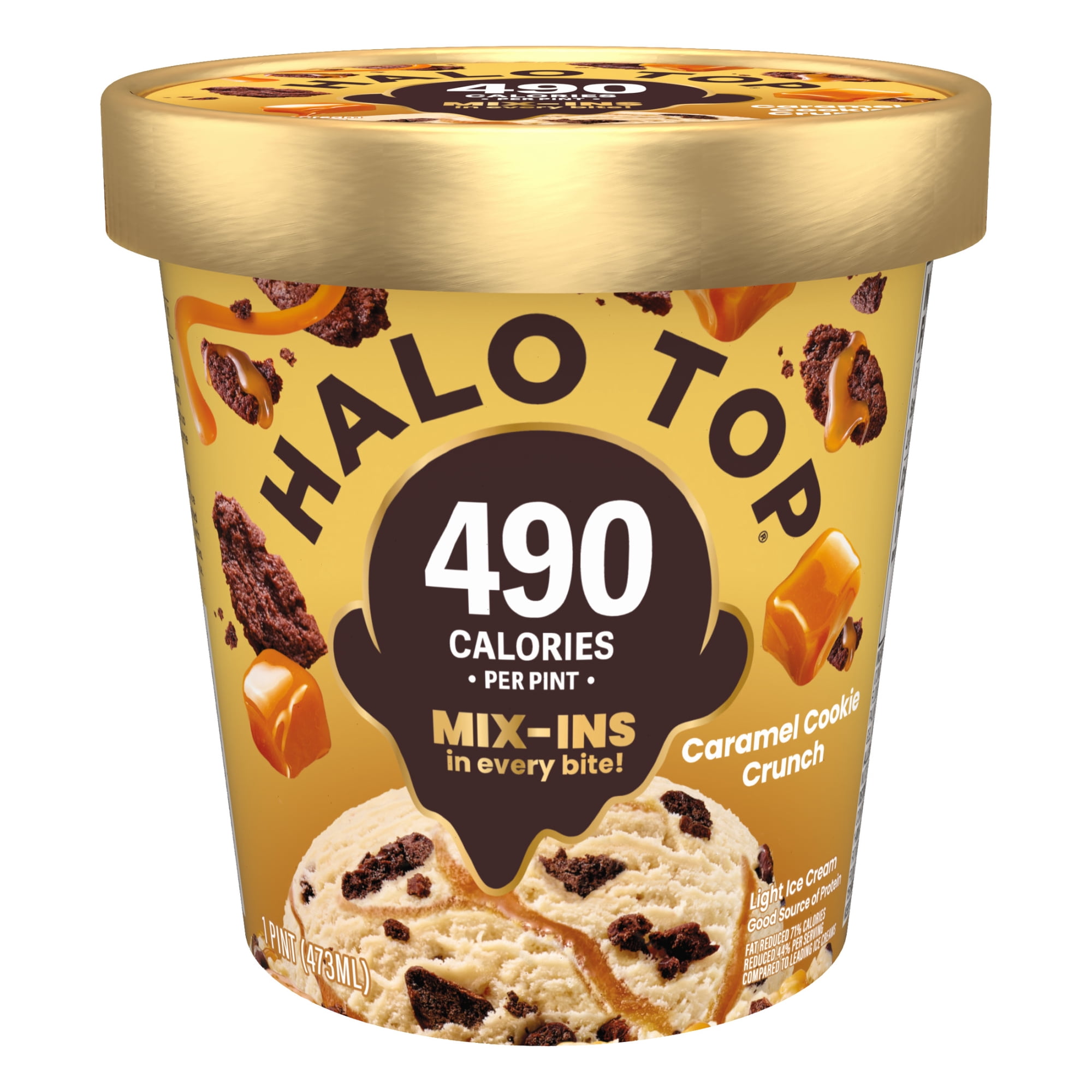 Halo Top Caramel Dark Chocolate Cookie Crunch Light Ice Cream, Lower Calorie Frozen Dessert Pint, 16 fl oz