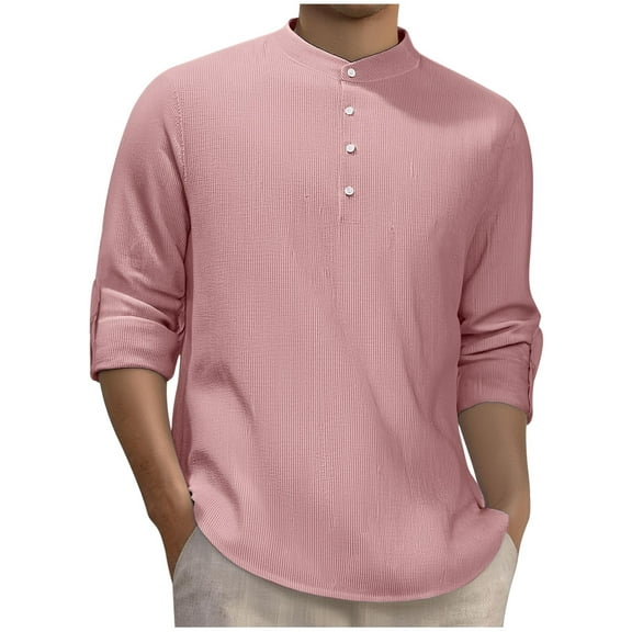 Men's Striped Shirt Long Sleeved Quarter Button Up Top Casual Loose Pullover Tops Pink 4XL