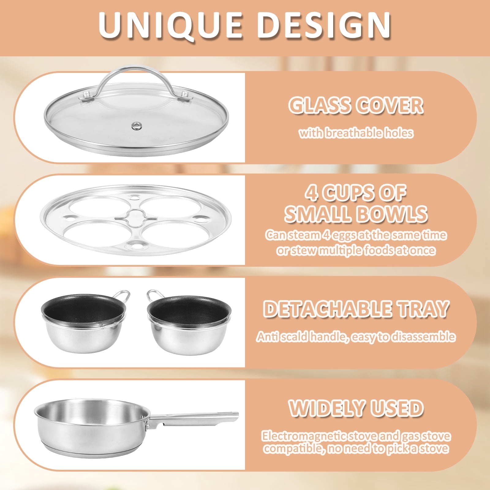 FUYGRCJ Egg Poacher Pan, Stainless Steel Poached Egg Cooker, Perfect Poached Egg Maker Pan, Induction Cooktop Egg Poachers Cookware Set, Stovetop Egg Poacher Set with 4 Nonstick Egg Poacher Cups