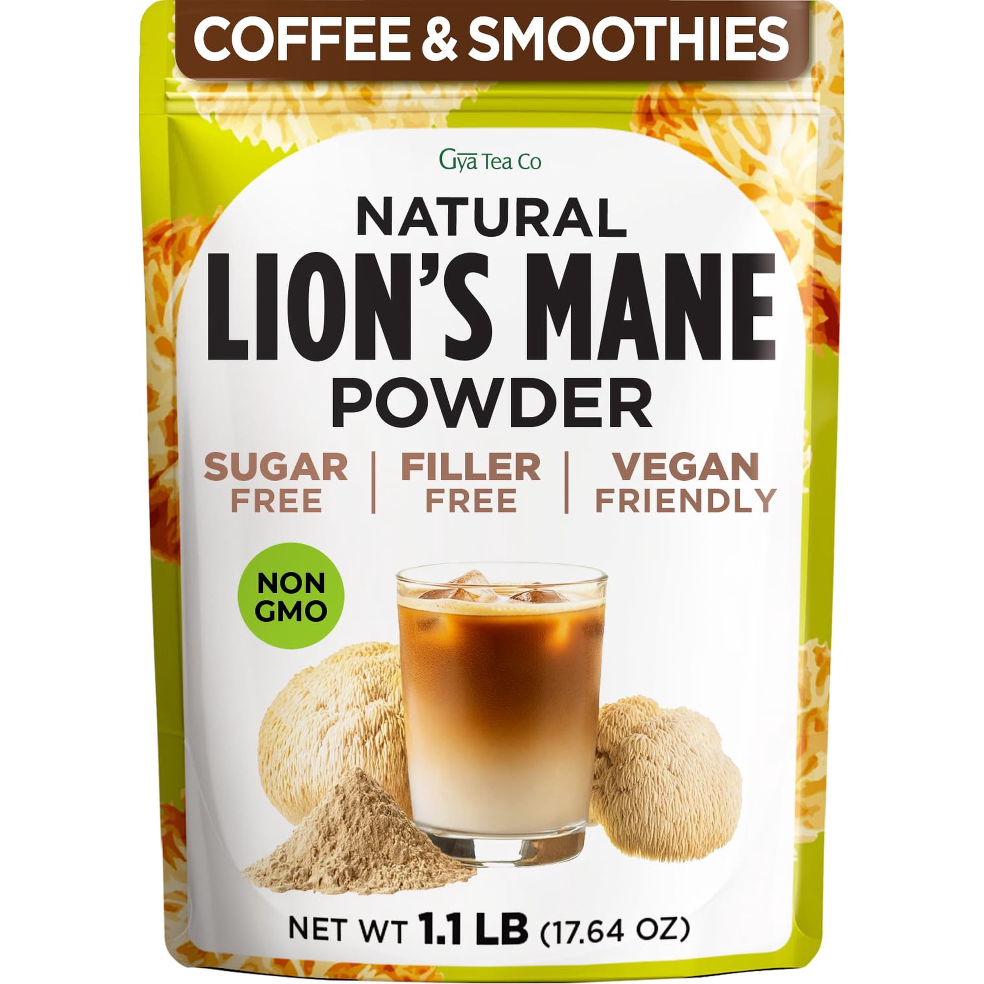 Gya Tea Co Lion’s Mane Mushroom Powder 1.1lb (17.64 oz) - to Improve Memory, Cognitive Function & Health - Mushroom Extract Superfood - Non-GMO, Gluten Free, Vegan, 250 servings