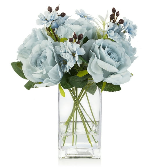 Enova Home Artificial Silk Rose Flower Fake Floral Arrangement in Clear Rectangle Glass Vase with Faux Water for Home Decór (Light Blue)