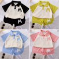 thumbnail image 3 of Toddler Kids Boy Girl 2pcs Summer Outfits Button Down Short Sleeve Shirts Top and Shorts Set, 3 of 5
