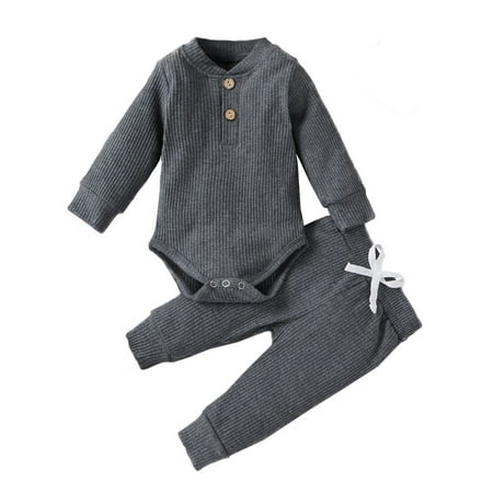 

Frontwalk Baby Loose Long Sleeve 2Pcs Outfit Suit Solid Color Plain Tops + Shorts Infant Buttons Home Outfits