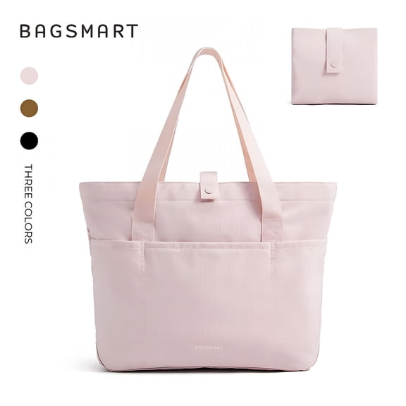 AOMRCOL Bagsmart Foldable Tote Bag for Women, Laptop Tote Bag Top Handle Handbag for Travel, Work, Beach, Gym, Shop, Pink