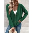 thumbnail image 2 of Cárdigan para mujer, suéter con frente abierto, cuello en V, botón de una sola fila, Color puro, manga larga, Top de punto, verde oscuro L, 2 of 6