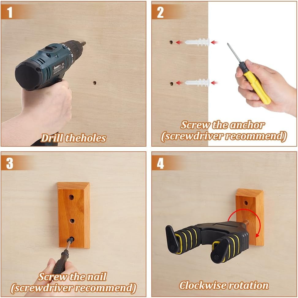 4 Pcs Guitar Wall Mount Black Wood Guitar Holder Hooks Auto Lock Guitars Wall Hanger for Classical Acoustic Electric Guitars Bass Gift