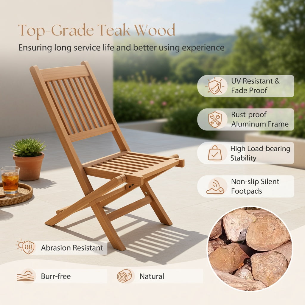 Hommoo Indonesia Teak Wood Folding Patio Dining Chair, Slatted Seat, Lightweight 10 lb Outdoor Chair for Backyard, Poolside & Camping, Natural