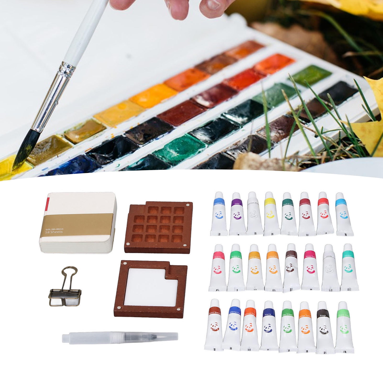 LAZIOEGR Compact 24‑Color Watercolor Palette & Brush Set – Portable Mini Paint Tray with Clip for On‑the‑Go Artists