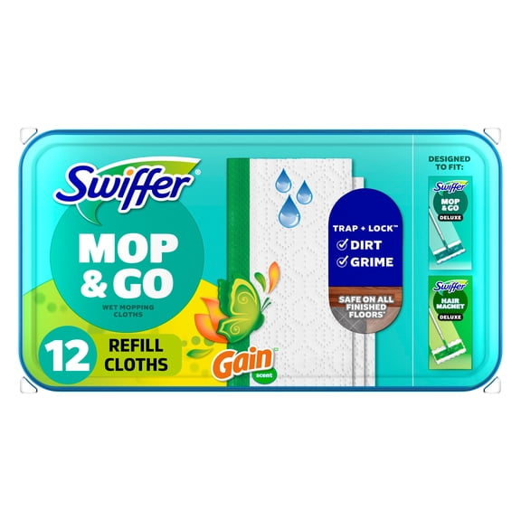 Swiffer Mop & Go, Wet Pads Refill, Floor Cleaner, Cleaning Cloths, Gain, 12 Count