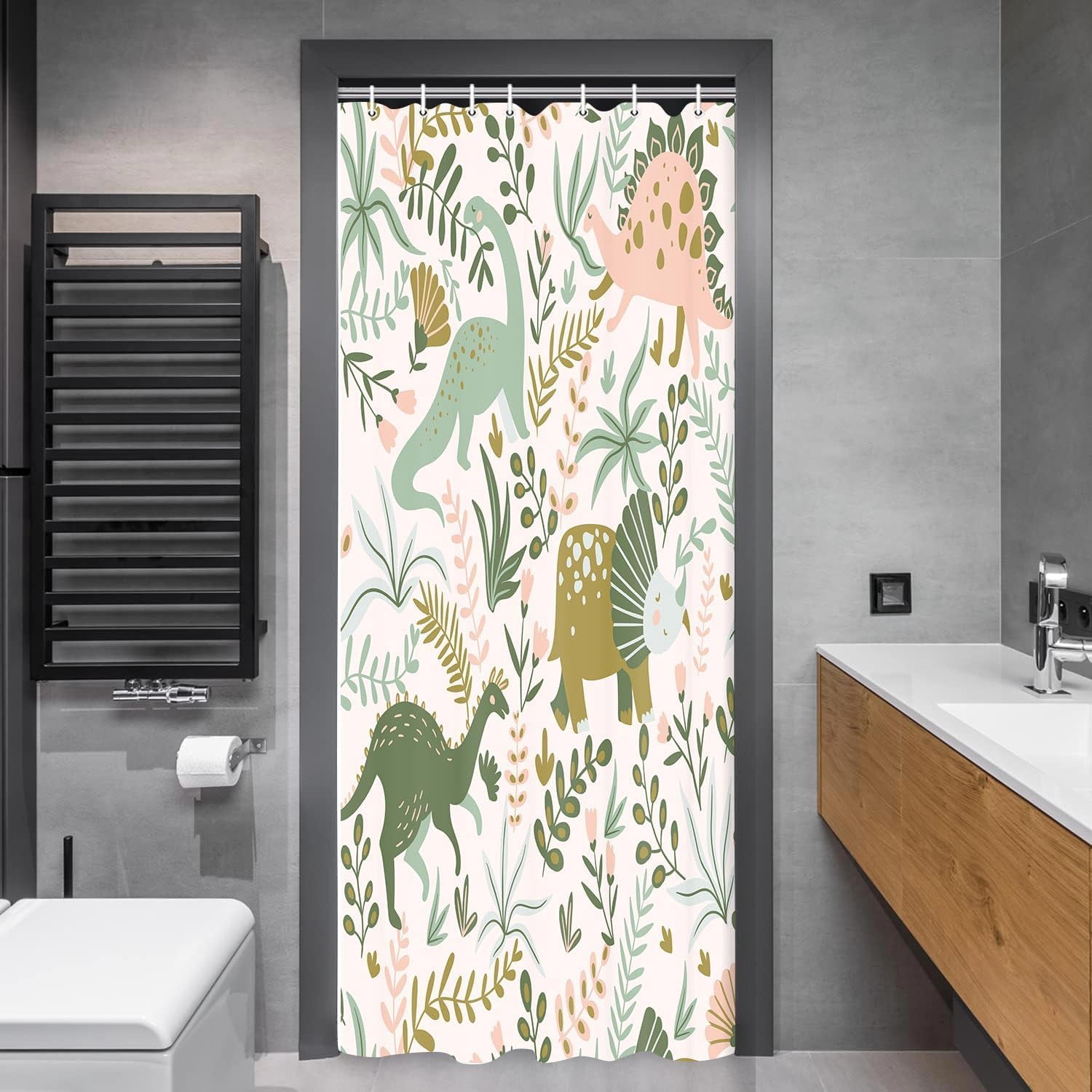 Kids Shower Curtains,Funny Dinosaur Shower Curtains, Cute Dinosaur for Boys Girls, Green Plant Leaf Flowers Colorful Bathroom Decor with Hooks Waterproof Fabric Polyester Bathtub Decorative