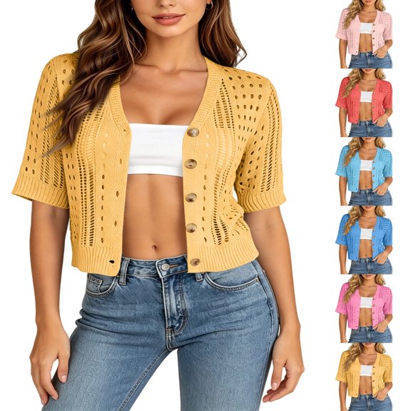 Sewkxo Women's Crochet Cardigan Cropped Short Sleeve Button Front Cardigan Lightweight Sweaters Casucal Knit Cardigans Tops,Yellow XXL