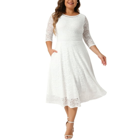 DARING DIVA Plus Size Floral Lace 3/4 Sleeves Pocket Cocktail Dress 1X White