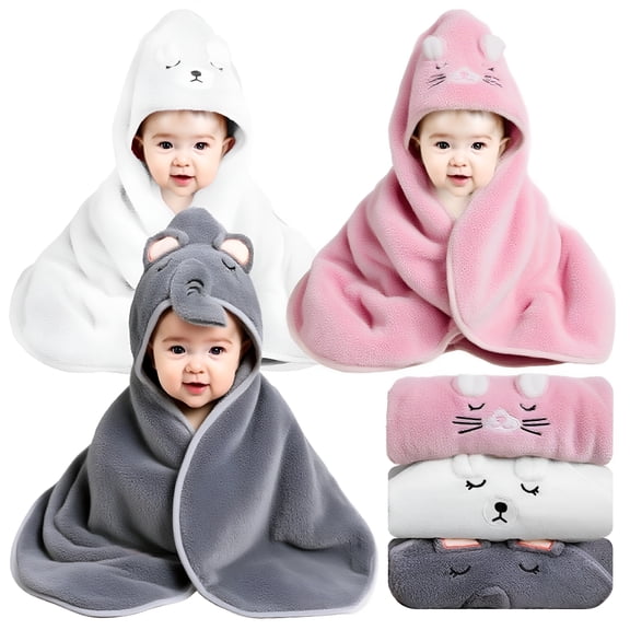 TELOLY 3 Pcs Hooded Baby Bath Towel,Premium Coral Fleece Large Size Bath Towel,31.5 X 31.5 Inches,Hooded Towels for Kids Super Absorbent,Great Gift for Newborns,Toddlers,and Children