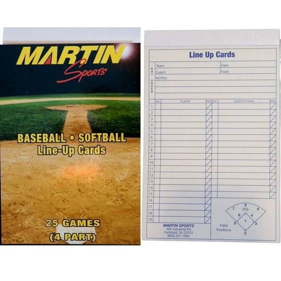 Martin Sports Baseball / Softball 25 Game Line-Up Cards, 4-Part Carbon Copy