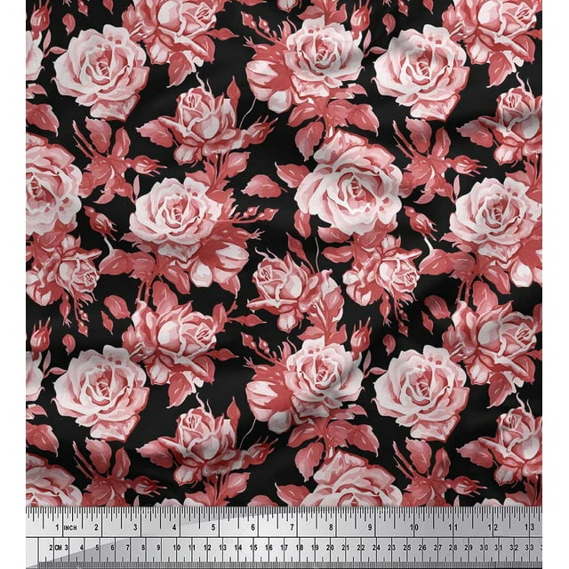 Soimoi Rayon Fabric Leaves & Rose Flower Print Fabric by the Yard 56 Inch Wide
