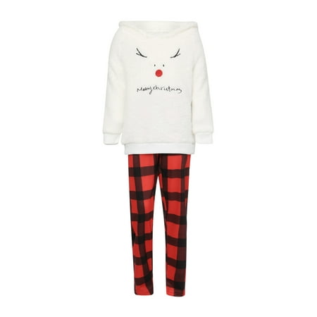 

Matching Christmas Family Clothes Set Deer Print Plush Hooded Tops Plaid Pants Women Men Kids