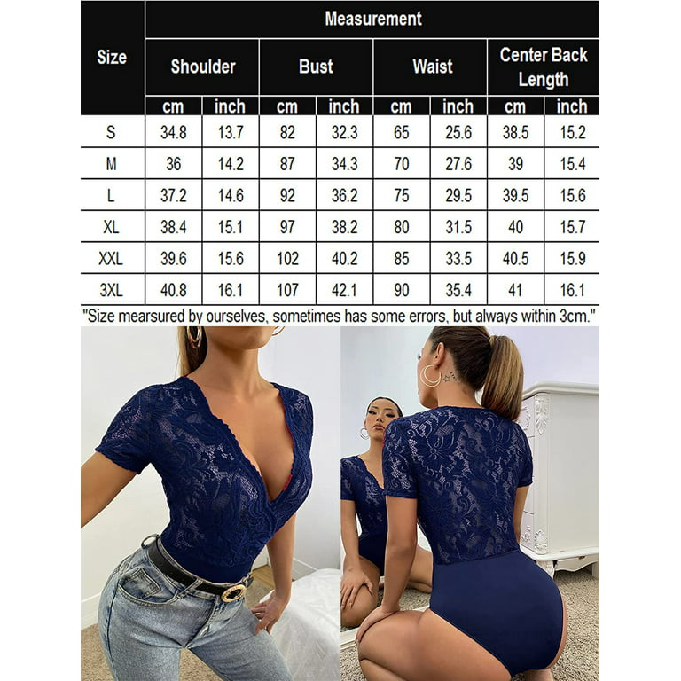Avidlove Women's Sexy Short Sleeve Bodysuit Snap Crotch Clubwear Lace  Bodysuits Tops Navy Blue