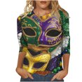thumbnail image 2 of TrendVibe365 Mardi Gras Womens Tops 3/4 Sleeve T Shirt Plus Size Crew Neck Polyester Casual Mask Printed Mardi Gras Celebrations Blouse Tops for Mardi Gras Event Purple 4XL, 2 of 5