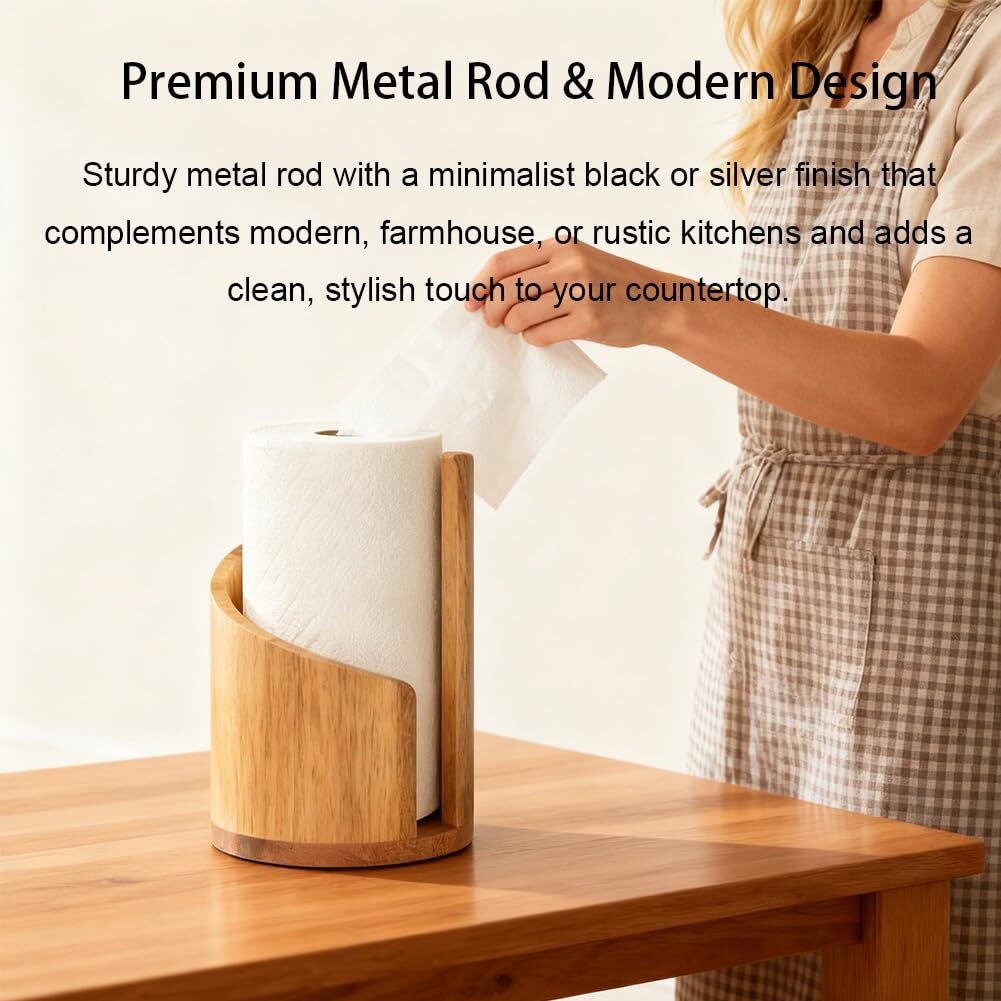 Mountain Paper Towel Holder 100% Natural Mango Wood, Mountain Paper Towel Holder Countertop with Mango Wood Round Base and Iron Holder, No Tools Or Installation Required (Brown)