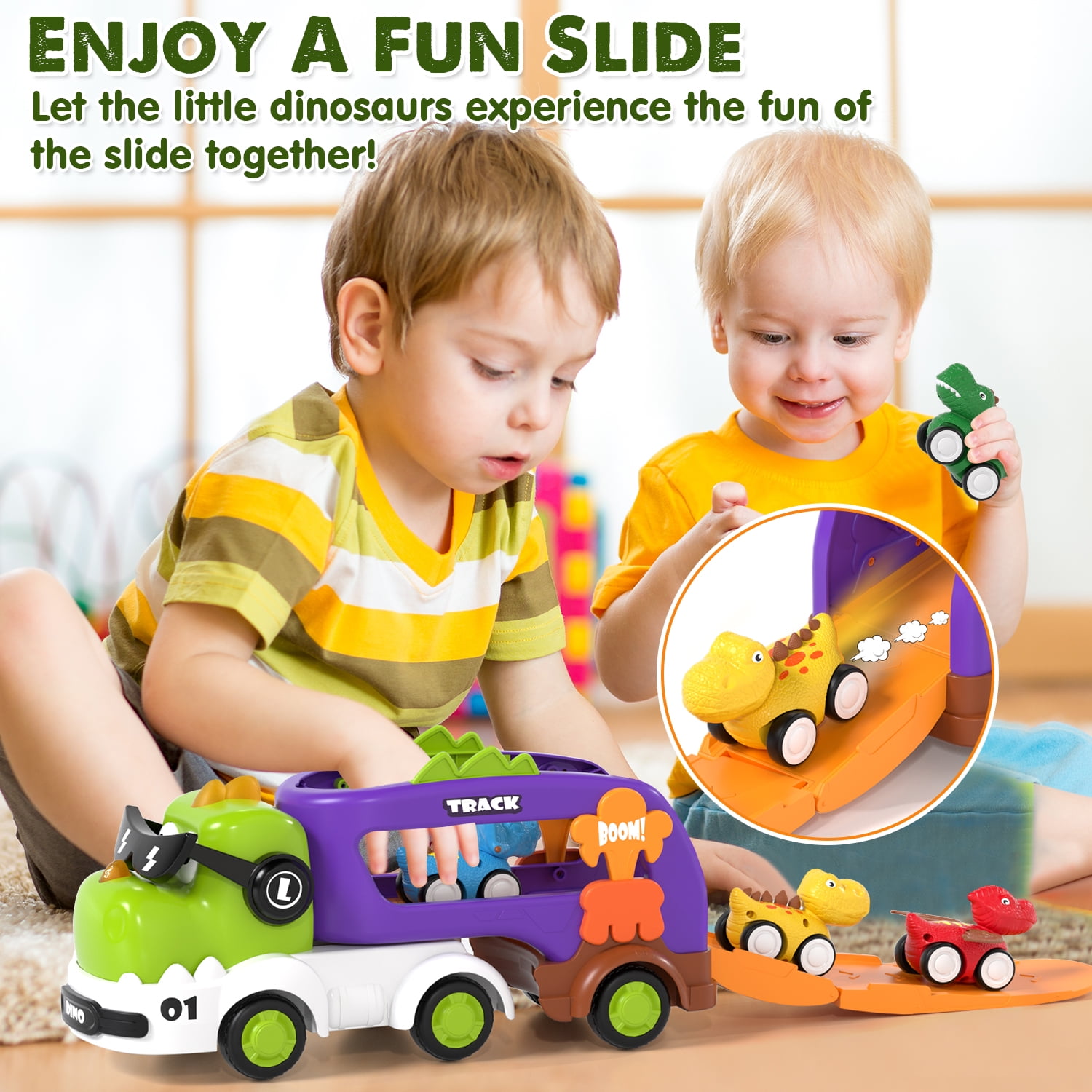 Toys for 2 Year Old Boys, Toddler Dinosaur Truck with Sounds & Lights, Toys Cars Set with Race Track, Pull Back Cars Baby Toys, Toys for Boys 2 to 4 Years Old, Best Birthday Christmas Gifts