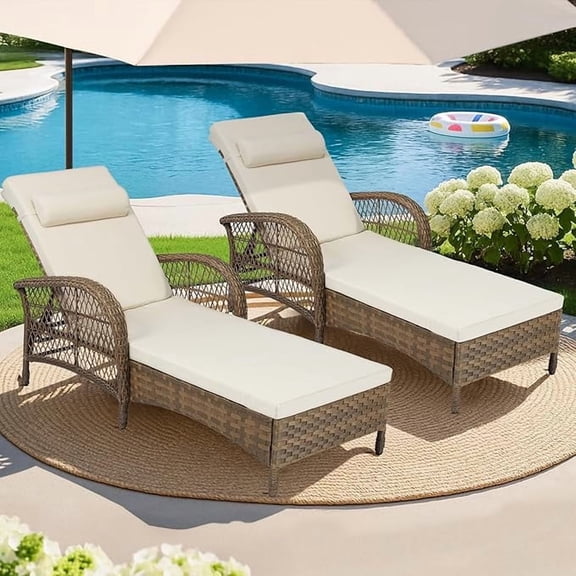 MEETWARM Outdoor Wicker Chaise Lounge Chair Set of 2, All-Weather PE Rattan Cushioned Patio Lounger Chairs, 6-Position Adjustable Outside Pool Sunbathing Recliner with Armrest & Pillow, Beige