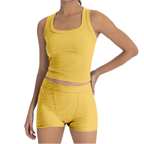 JIAYUE Women 2 Piece Outfits Sets Casual Solid Color Crop Sleeveless Square Collar Slim Fit Tank Top With High Waist Tight Shorts Ladies Breathable Clothing Set