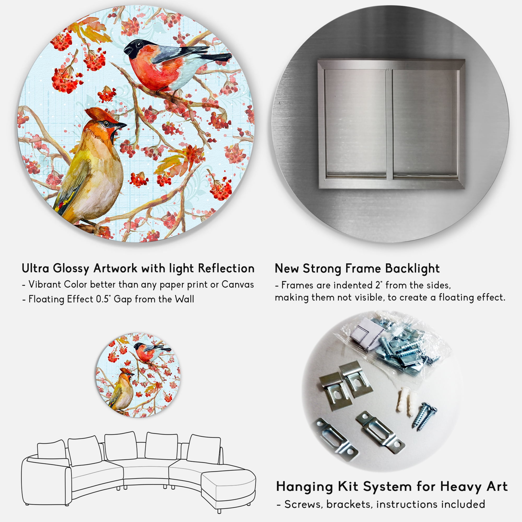 Designart 'Two Birds Sitting On Branches During Autumn' Traditional Circle Metal Wall Art 29x29 - Disc of 29