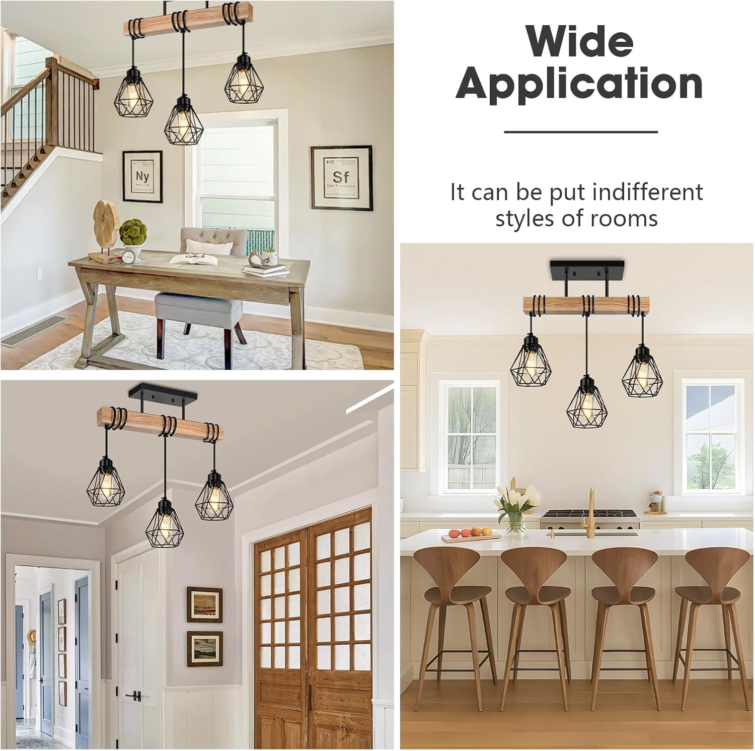 3 - Light Kitchen Island Lighting  Pendant Light Fixtures over Table Wood Hanging Lamp with Metal Shades for Dining Table Living Room Hallway