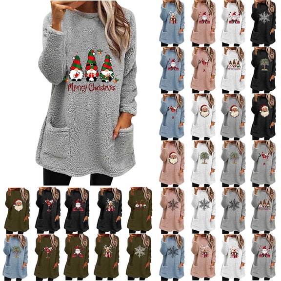 WXLWZYWL Women's Christmas Fleece Pullover Sweatshirt Long Sleeve Crewneck Tunic Top with Pockets Fall Winter Holiday Warm Sweatshirts