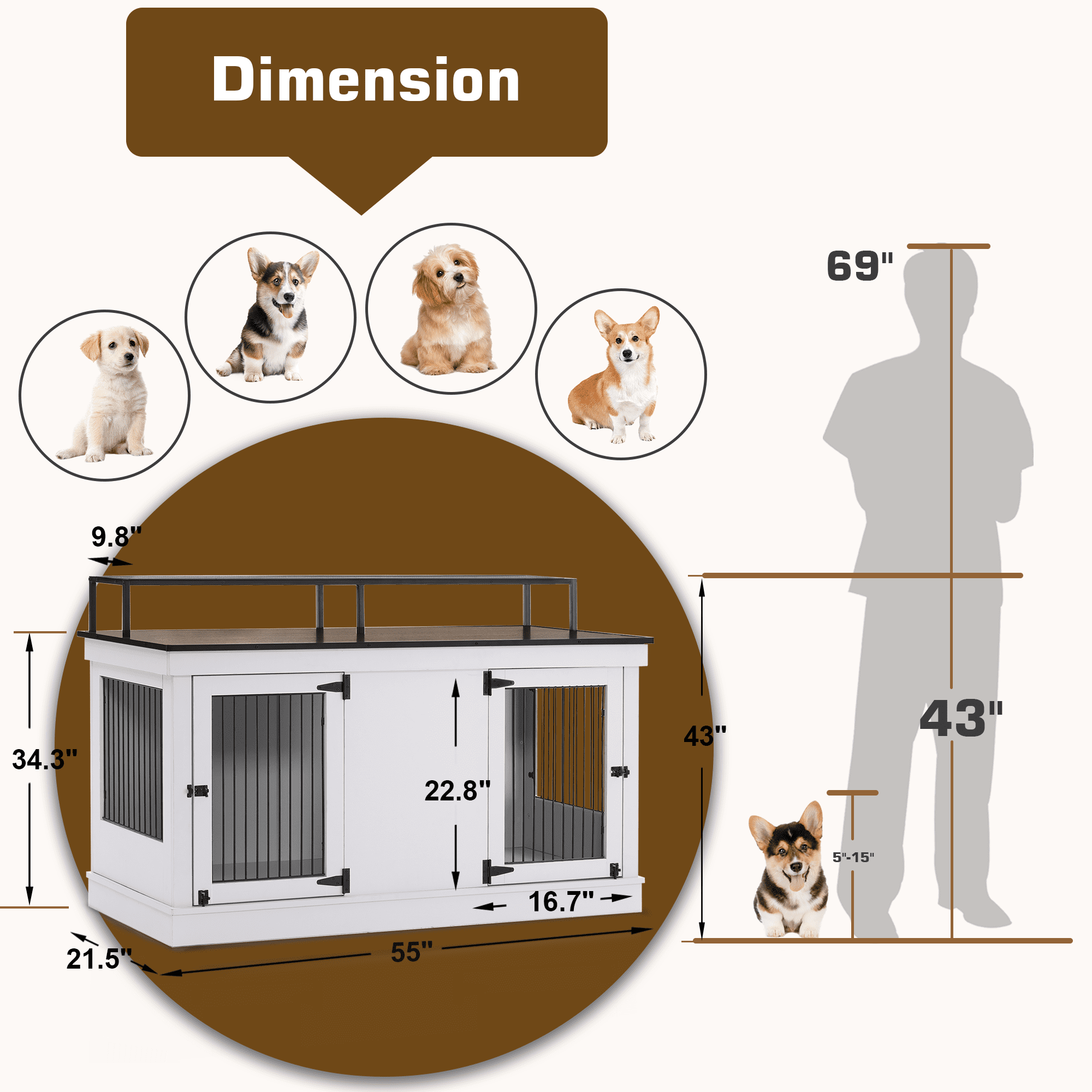 MCombo 52.7‘ 2-Door Wooden Dog Crate Furniture TV Stand 1861(Light Grey)