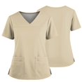 thumbnail image 2 of Modern Fit Scrub Top for Women V Neck Short Sleeve 2 Pocket Soft Stretch Work Top with Side Slits Featuring Comfortable Fit and Long Lasting Material, #01 Beige, M, 2 of 4