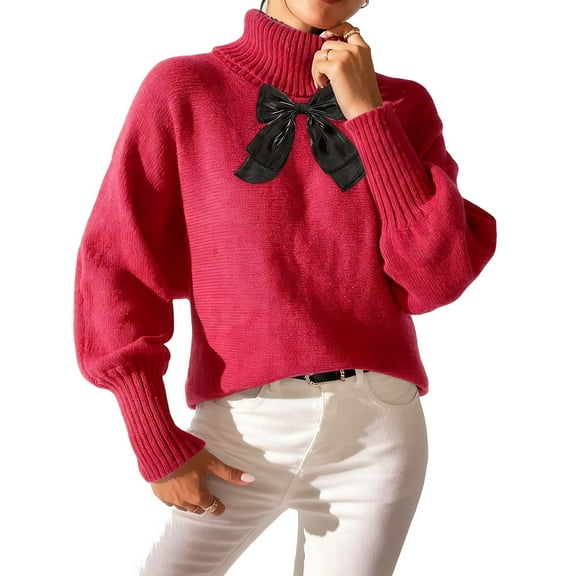 Womens High Neck Sweaters with Bowknot Ribbed Turtleneck Pullover Knit Pullover Long Sleeve Casual Winter Tops (XL, Red)