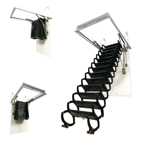 PreAsion Attic Pull Down Ceiling Ladder Hidden Telescopic Ladder Attic Ceiling Ladder Black 13 Steps