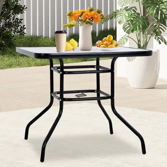NiamVelo Outdoor Patio Table with Umbrella Hole 32" Tempered Glass Top Metal Steel Frame Square Patio Table Dining Table, All-Weather Furniture,Black