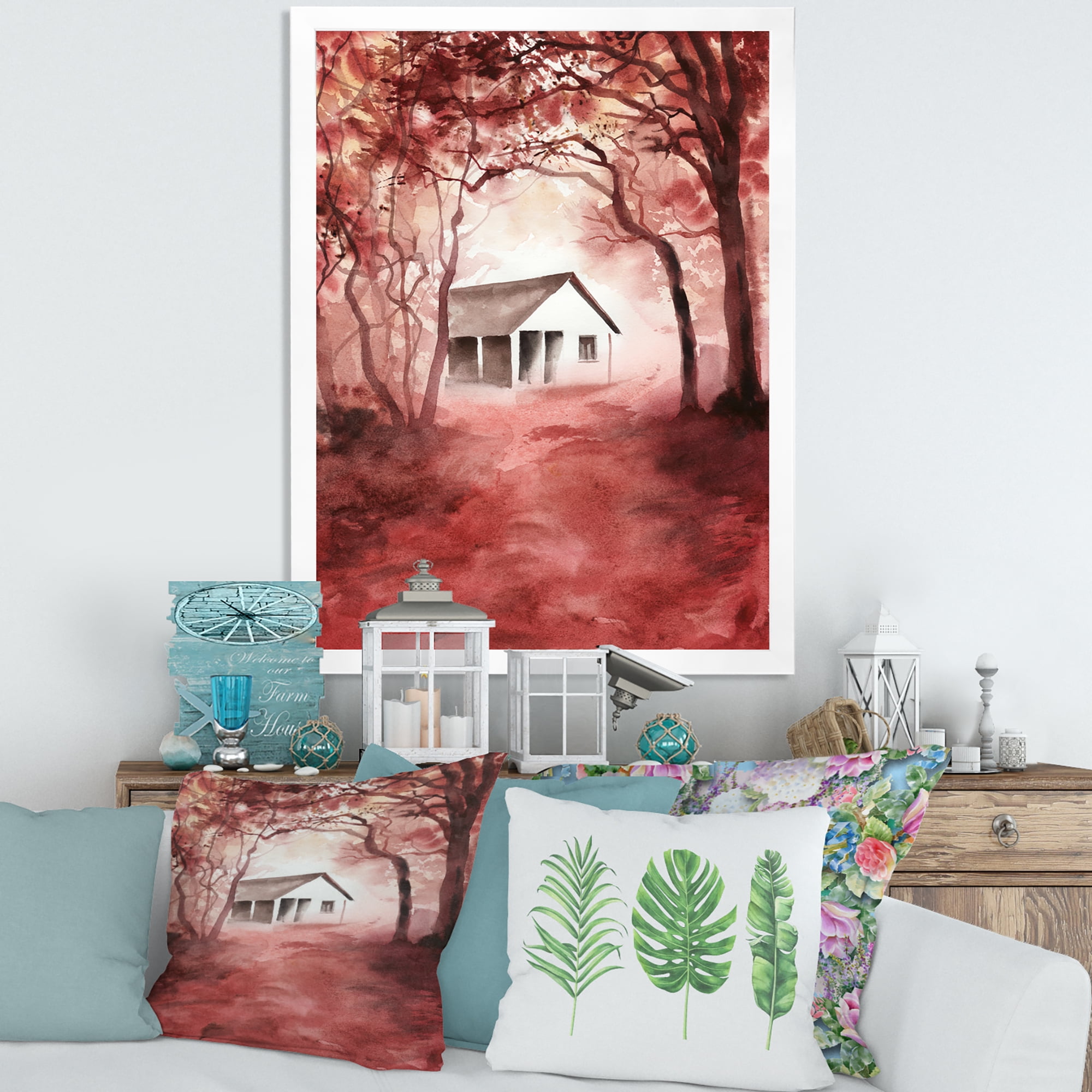 Designart 'Red Autumn Woods and A House in Wild' Cabin & Lodge Framed Art Print