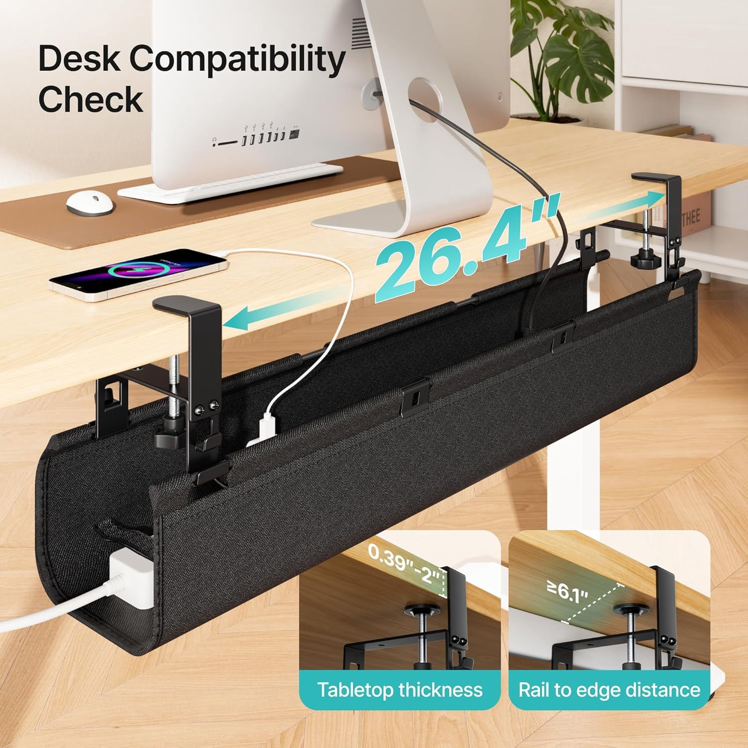No Drill Under Desk Cable Management Tray, 31.5" Clamp Mount Desk Cable Organizer, Large Capacity Fabric Cord Management for Power Strips & Wires, Under Desk Wire Management for Office & Home
