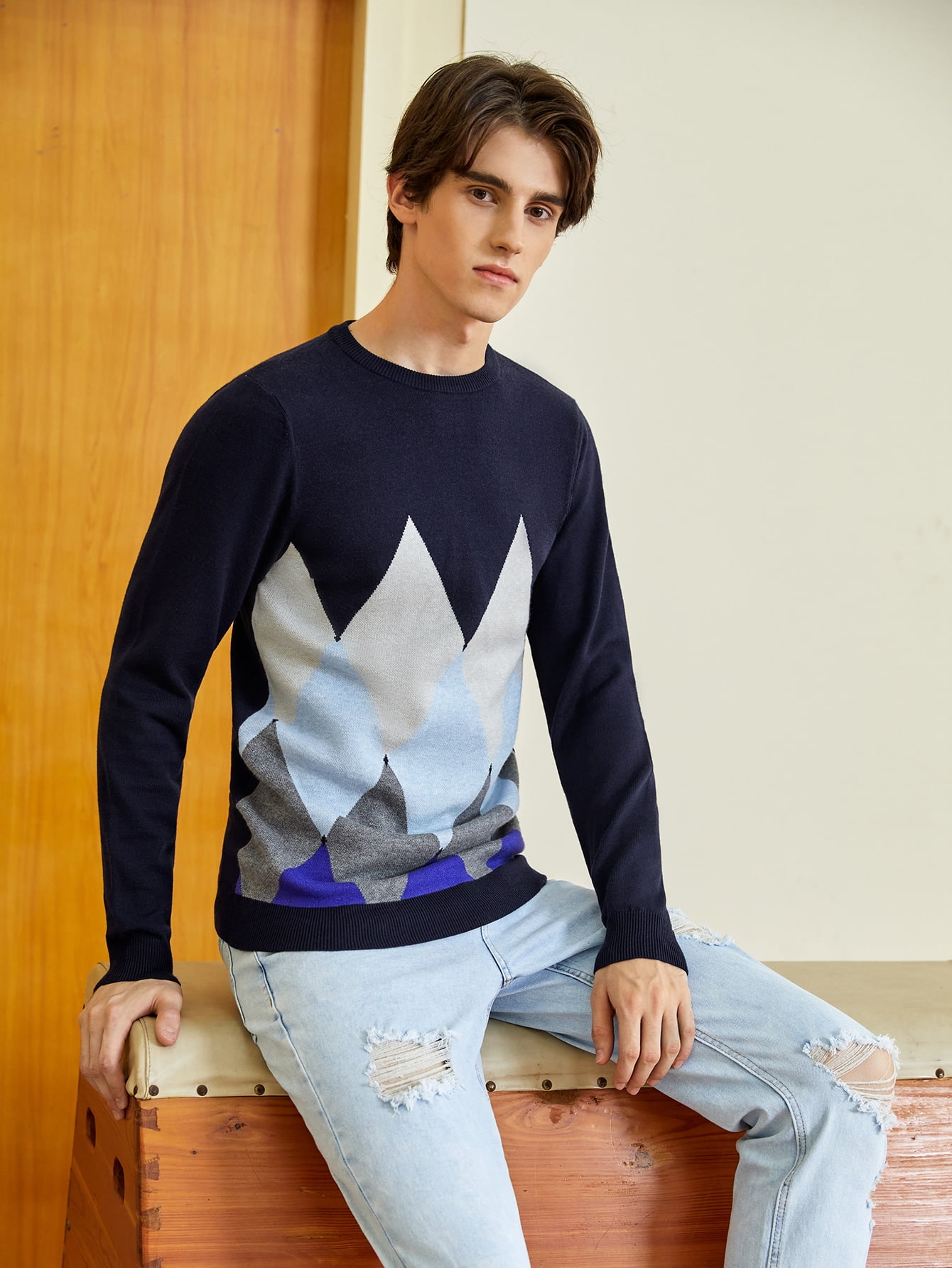 QZH.DUAO Mens Chevron Pattern Crewneck Sweater QZH.DUAO Mens Chevron Pattern Crewneck Sweater