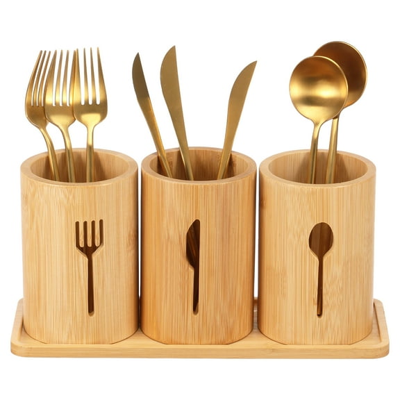 Threns 3 Pcs Silverware Holder with Tray Bamboo Utensil Organizer Practical Cutlery Holder Kitchen Flatware Organizer for Spoons Knives and Forks
