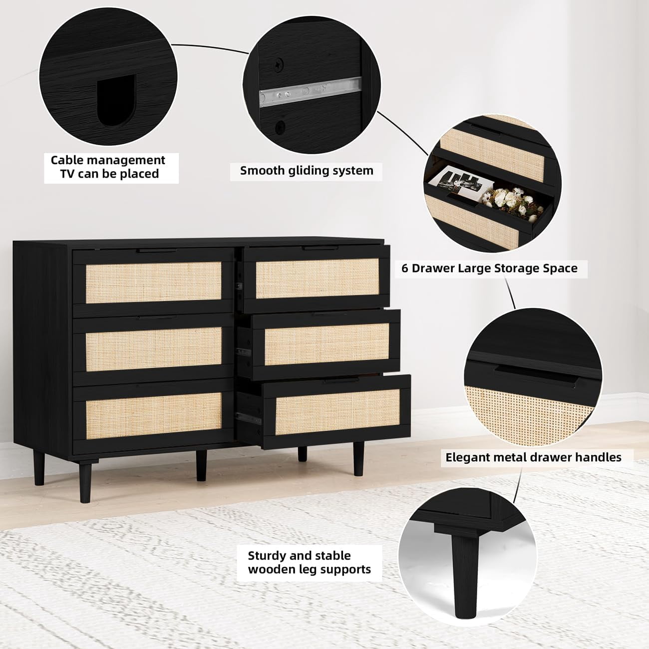 LAZZO 6-Drawer Rattan Dresser, Modern Chest of Drawers, Wooden Storage Organizer for Bedroom, Living Room & Hallway, Black