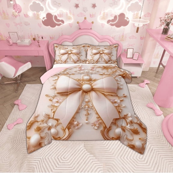 Erosebridal Princess Bowknot Bedding Sets Twin with Comforter, Royal Damask Pearl Duvet Insert, Princess Bedroom Decor, Reversible 2 Pieces