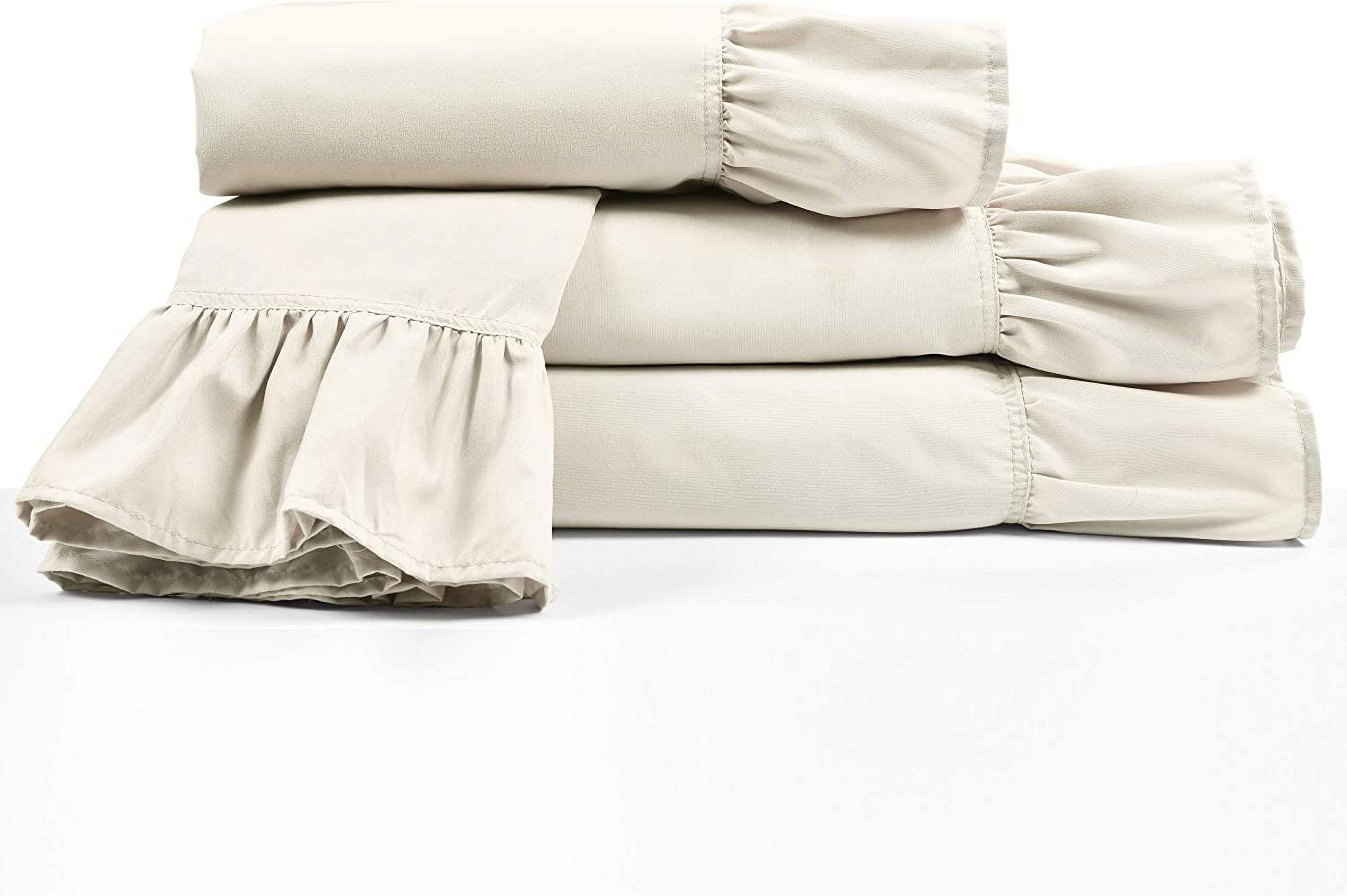 Ruffle Bed Sheet Set 6 Piece - 30 Inch Deep Pocket - 100% Pure Bamboo Bed Sheet Set - Anti Static Feels Like Silk - Super Comfy, Extra Soft and Luxury - Ivory Solid, Twin XL Size.