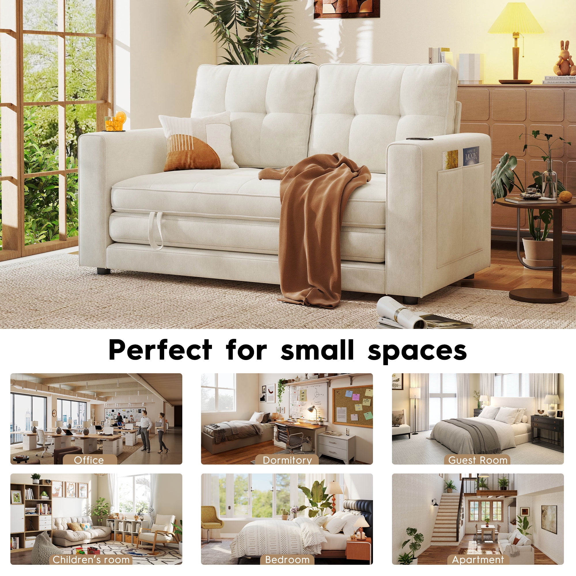 BedLuxury 55" Foldable Loveseat Futon Sofa Bed with Cup Holder & Storage Pocket, 3-in-1 Sleeper Couch, Space Saving, Chenille Beige