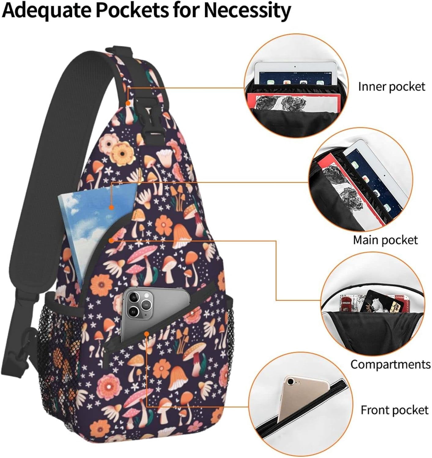 Cute Mushroom with Flower Sling Bag Crossbody Hiking Travel Chest Bags Backpack Shoulder Daypack for Women Men