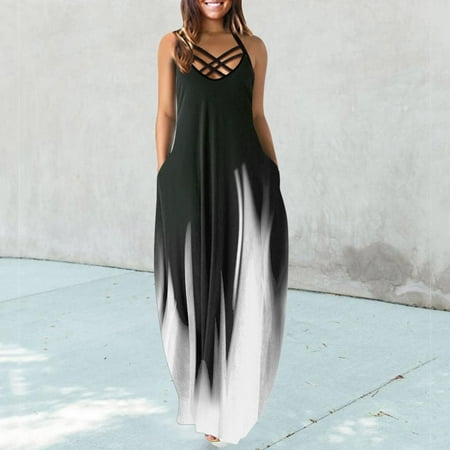 

Leesechin Womens Dresses Clearance Maxi Dresses Summer V-Neck Sleeveless Vacation Beach Pockets Long Dress