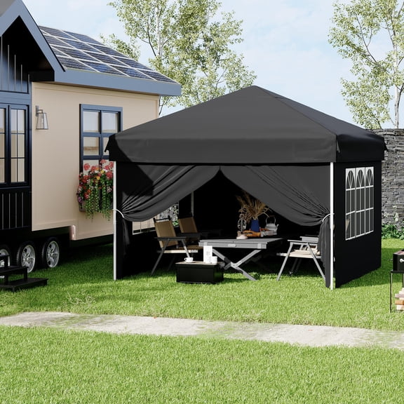 Black 10x10 Pop Up Canopy Tent with 4 Waterproof Sidewalls,Portable Outdoor Tent for Camping, Beach, Backyard - Includes Carry Bag, Stakes & Guy Lines (10 ft x10 ft, Instant Setup)