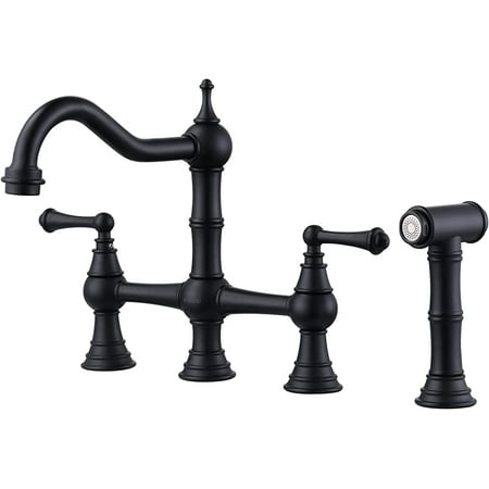 

WOWOW Black Kitchen Faucet with Side Sprayer 4 Hole Brass Kitchen Faucets for Sink 2 Handle 8 Inch Centerset Bridge Faucet Vintage Farmhouse Copper Kitchen Sink Faucets